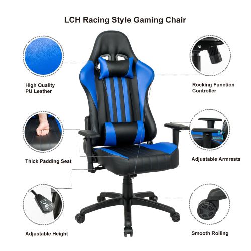  LCH Racing Gaming Chair Oversized High-Back Ergonomic Computer Chair PU Leather Executive Office Chair with Headrest and Lumbar Support, Blue