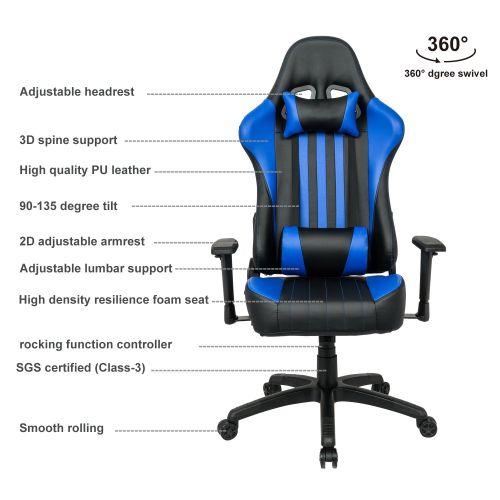  LCH Racing Gaming Chair Oversized High-Back Ergonomic Computer Chair PU Leather Executive Office Chair with Headrest and Lumbar Support, Blue