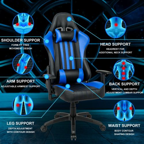  LCH Racing Gaming Chair Oversized High-Back Ergonomic Computer Chair PU Leather Executive Office Chair with Headrest and Lumbar Support, Blue