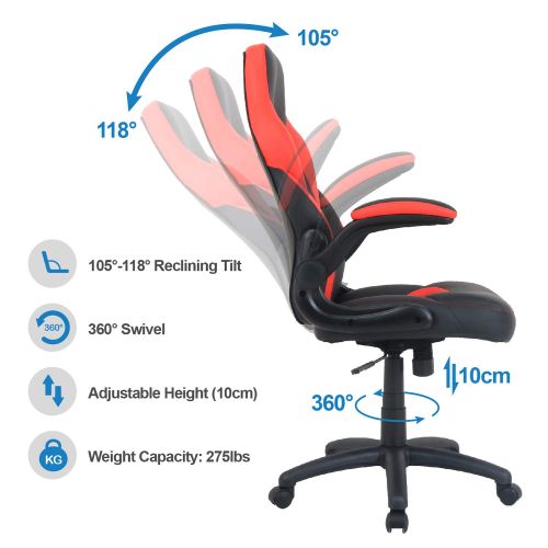  LCH Racing Style Leather Gaming Chair - High Back Executive Office Chair with Adjustable Tilt Angle and Flip-up Arms Computer Desk Chair, Thick Padding Ergonomic Design for Lumbar