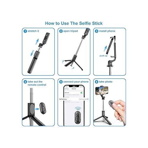  SelfieShow Selfie Stick, Extendable Selfie Stick Tripod with Wireless Remote and Tripod Stand, Portable, Lightweight, Compatible with iPhone 15 14 13 12 Pro Xs Max X 8Plus, Samsung Smartphone and More