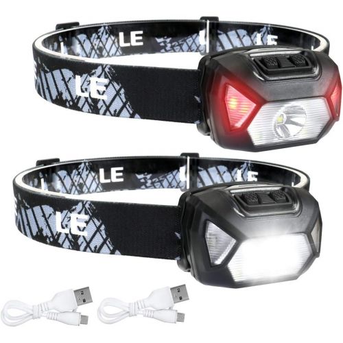  LE LED Headlamp Rechargeable, 6 Modes, Super Bright, Lightweight and Comfortable, IPX4 Rate, Rechargeable Headlamp for Adults and Kids, USB Cable Included, 2 Pack