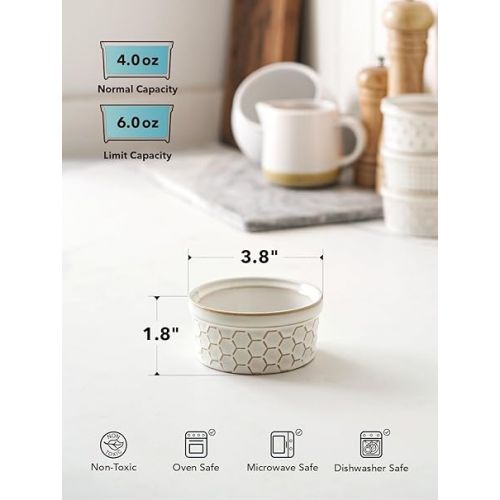  LE TAUCI Ramekins 4 oz, Ramiken for Creme Brulee, Lava Cake,Pudding, Souffle, Small Sauce Bowl,Ceramic Baking Dishes- 3.8 inch, Set of 4, Arctic White