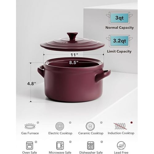  LE TAUCI 3 Quart Dutch Oven Pot with Lid, for No Knead Bread Baking, Sourdough Loaf, Non-Coated & Non-Toxic Ceramic Small Bread Oven Pan, Use as Non-Stick Soup & Stew Pot, Burgundy Red