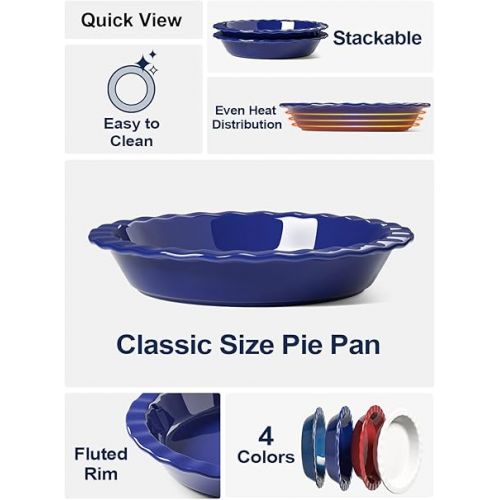  LE TAUCI Ceramic Pie Pans for Baking, 9 Inches Pie Plate for Apple Pie, Pecan Pie, 36 Ounce Deep Dish Pie Pan, Set of 2, Blue