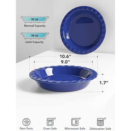  LE TAUCI Ceramic Pie Pans for Baking, 9 Inches Pie Plate for Apple Pie, Pecan Pie, 36 Ounce Deep Dish Pie Pan, Set of 2, Blue