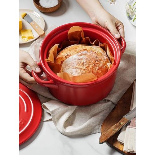  LE TAUCI 3 Quart Dutch Oven Pot with Lid, for No Knead Bread Baking, Sourdough Loaf, Non-Coated & Non-Toxic Ceramic Small Bread Oven Pan, Use as Non-Stick Soup & Stew Pot, Chili Red