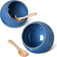 LE TAUCI Salt Pig Ceramic Set with Wooden Spoons, 12 Oz Salt Cellar, Fit a Large hand, Wide-Mouth Salt Crock Box, Salt and Pepper Shaker, Set of 2, Ceylon blue