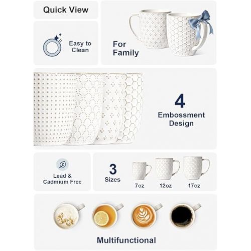  LE TAUCI Coffee Mugs 16 oz,Ceramic Mug Set, Embossment Cups for Latte, Hot Tea, Cappuccino, Mocha, Cocoa, Dishwasher Safe, Housewarming Wedding Gifts - 3.8 inch, Set of 4, Arctic White