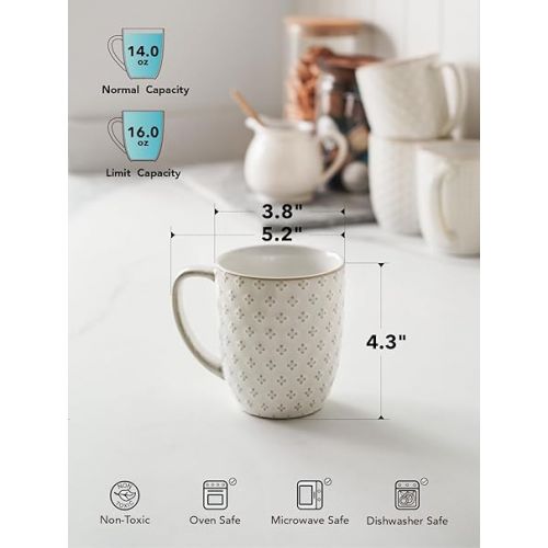  LE TAUCI Coffee Mugs 16 oz,Ceramic Mug Set, Embossment Cups for Latte, Hot Tea, Cappuccino, Mocha, Cocoa, Dishwasher Safe, Housewarming Wedding Gifts - 3.8 inch, Set of 4, Arctic White