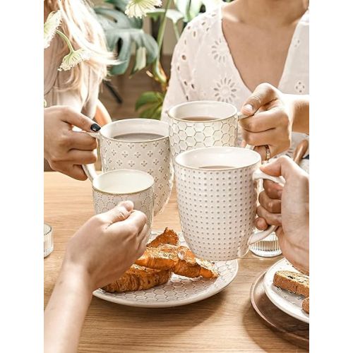  LE TAUCI Coffee Mugs 16 oz,Ceramic Mug Set, Embossment Cups for Latte, Hot Tea, Cappuccino, Mocha, Cocoa, Dishwasher Safe, Housewarming Wedding Gifts - 3.8 inch, Set of 4, Arctic White