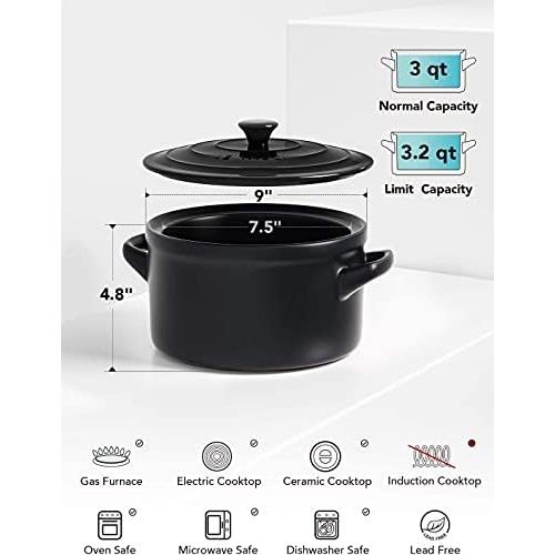  [아마존베스트]LE TAUCI 3 Quart Dutch Oven Pot with Lid, Ceramic Casserole Dish for Bread Making, Stove to Oven, Non-Coated, Use as Bread Pot, Soup Pot, Stew Pot,Black