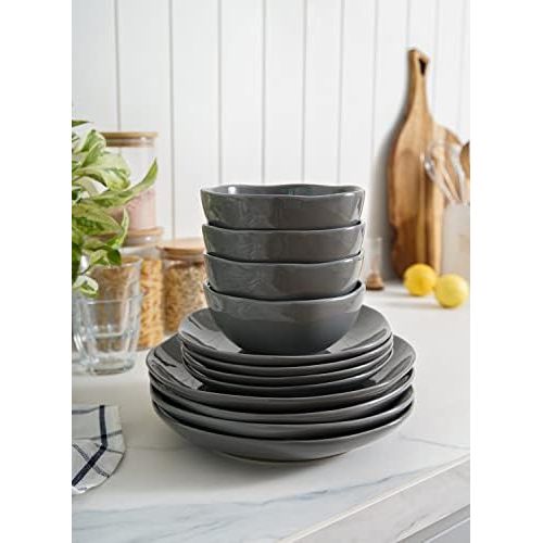  [아마존베스트]LE TAUCI 12 Piece Dinnerware Set, 4 pcs dinner plates & 4 salad dish & 4 bowl sets, Service for Four person- GREY