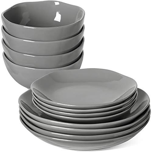  [아마존베스트]LE TAUCI 12 Piece Dinnerware Set, 4 pcs dinner plates & 4 salad dish & 4 bowl sets, Service for Four person- GREY