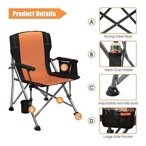  LEADALLWAY Folding Camping Chair Oversized Collapsible Camp Chair with Cup Holder and Removable Storage Bag, Heavy Duty Support 350 LBS, Portable Lawn Chair for Outdoor