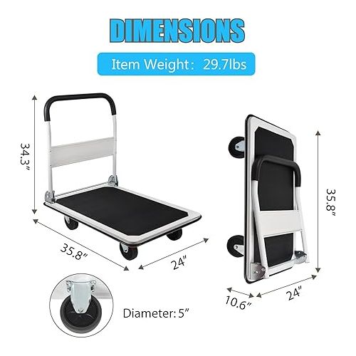  LEADALLWAY Platform Truck Large Size 880lbs Foldable Push Cart 35.8x24x34.3inches White