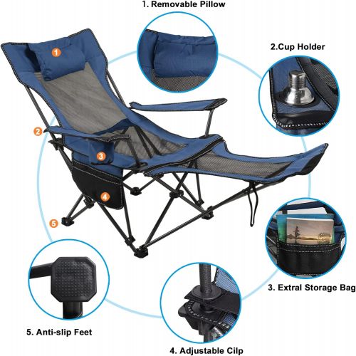  LEADALLWAY Camping Folding Chair with Foot Rest, Collapsible Camp Chair with Cup Holder and Removable Storage Bag, Heavy Duty Beach Chair for Outdoor Camp, Picnic, Travel, Fishing(Blue)
