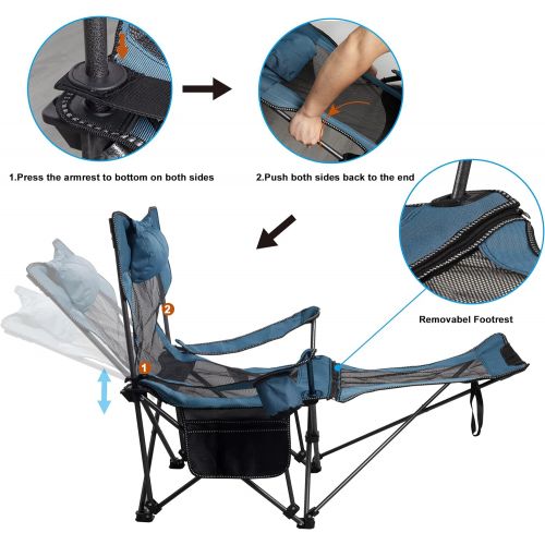  LEADALLWAY Camping Folding Chair with Foot Rest, Collapsible Camp Chair with Cup Holder and Removable Storage Bag, Heavy Duty Beach Chair for Outdoor Camp, Picnic, Travel, Fishing(Blue)