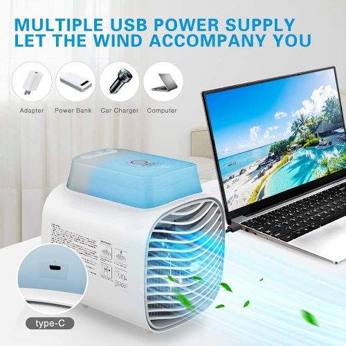  LEADNOVO Portable Air Conditioner, Rechargeable Evaporative Air Cooler Fan with Blue Atmosphere Light for Home, Office, Room(Back double ice box)