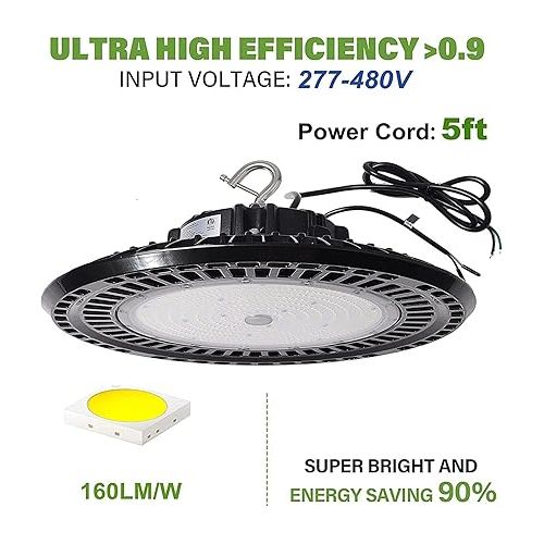  480V 200W UFO LED High Bay Light [600W MH/HPS/HID Equiv.] 1-10V Dim 30000lm 5000K IP65 High Bay for Warehouse Workshop Gym Stadium Factory Building ETL DLC Premium