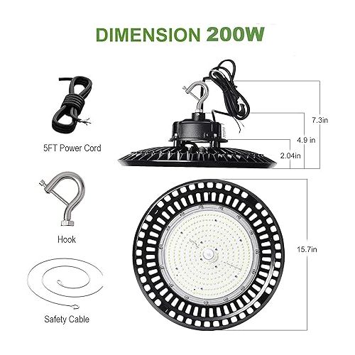  480V 200W UFO LED High Bay Light [600W MH/HPS/HID Equiv.] 1-10V Dim 30000lm 5000K IP65 High Bay for Warehouse Workshop Gym Stadium Factory Building ETL DLC Premium