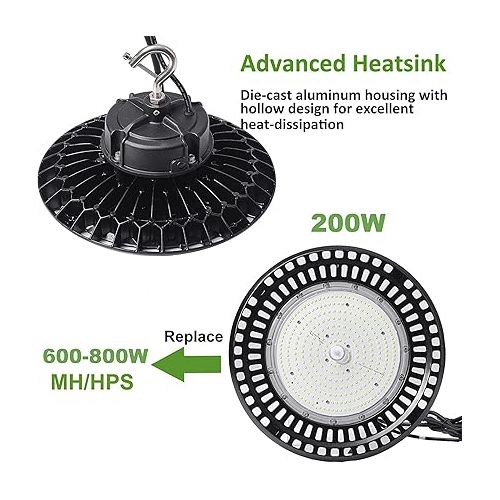  480V 200W UFO LED High Bay Light [600W MH/HPS/HID Equiv.] 1-10V Dim 30000lm 5000K IP65 High Bay for Warehouse Workshop Gym Stadium Factory Building ETL DLC Premium