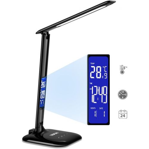  Ledgle 8W LED Table Desk Lamp LCD Screen, 5V1A USB Charging Port, 3 Lighting Mode, 5-Level Dimmer, Touch Control, Built-in Clock, Calendar, Eye Care, Thermometer-Black