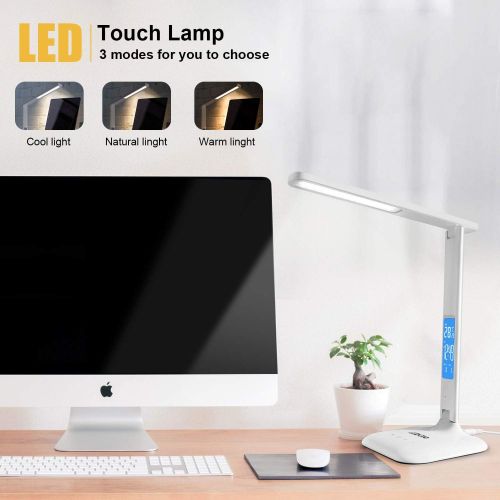  Ledgle 8W LED Table Desk Lamp LCD Screen, 5V1A USB Charging Port, 3 Lighting Mode, 5-Level Dimmer, Touch Control, Built-in Clock, Calendar, Eye Care, Thermometer-Black