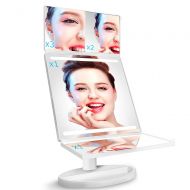 LEDLampsWorld [New Version] Tri-Fold LED Makeup Mirror with 360° Rotation, 3x/2x Magnification, 32 LEDs, Touching Dimmer and Dual Power Supply, as for Lighted Vanity Mirror and LED Cosmetic Mirr