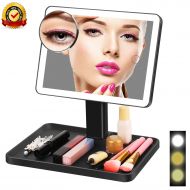 LEEGOYO Lighted Makeup Vanity Mirror with 3 Color Lights 44 Led, 10X Magnification Mirror and Adjustable Touch Screen,Dual Power Supply,360° Rotation,Tray Storage Cosmetic Mirror B
