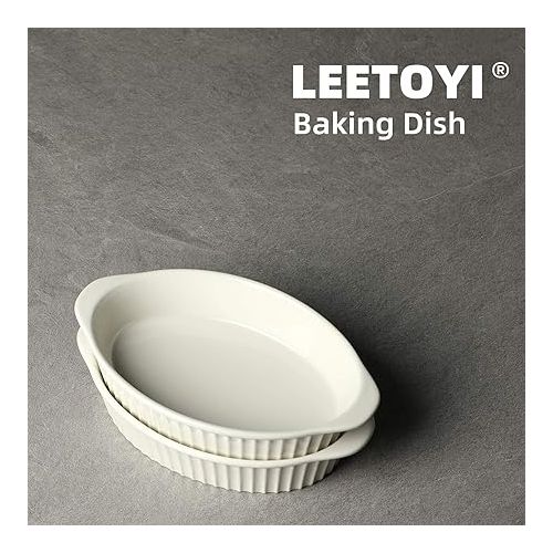  LEETOYI Porcelain Small Oval Au Gratin Pans,Set of 2 Baking Dish Set for 1 or 2 person servings, Bakeware with Double Handle for Kitchen and Home,(White)