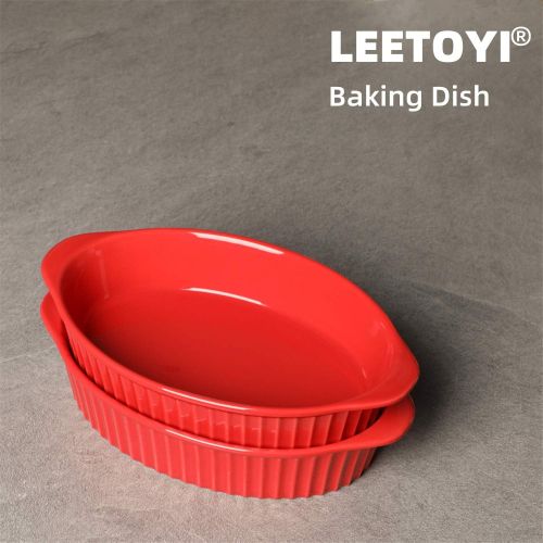  LEETOYI Porcelain Small Oval Au Gratin Pans, Baking Dish Set for 1 or 2 person servings, Bakeware with Double Handle for Kitchen and Home, Set of 2 (Red)