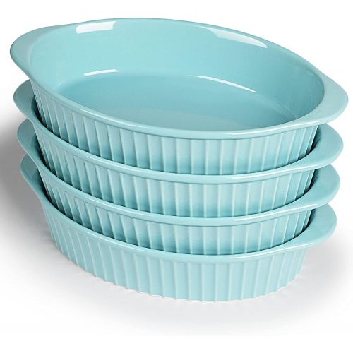  LEETOYI Porcelain Small Oval Au Gratin Pans,Set of 4 Baking Dish Set for 1 or 2 person servings, Bakeware with Double Handle for Kitchen and Home (Turquoise)