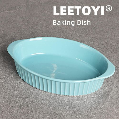  LEETOYI Porcelain Small Oval Au Gratin Pans,Set of 4 Baking Dish Set for 1 or 2 person servings, Bakeware with Double Handle for Kitchen and Home (Turquoise)