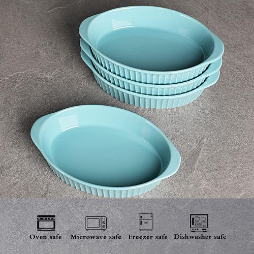  LEETOYI Porcelain Small Oval Au Gratin Pans,Set of 4 Baking Dish Set for 1 or 2 person servings, Bakeware with Double Handle for Kitchen and Home (Turquoise)