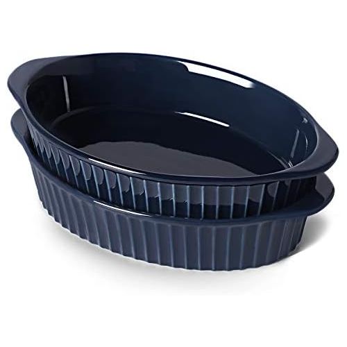  [아마존베스트]LEETOYI Porcelain Small Oval Au Gratin Pans, Baking Dish Set for 1 or 2 person servings, Bakeware with Double Handle for Kitchen and Home, Set of 2 (Navy)