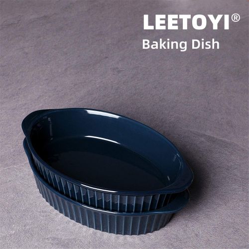  [아마존베스트]LEETOYI Porcelain Small Oval Au Gratin Pans, Baking Dish Set for 1 or 2 person servings, Bakeware with Double Handle for Kitchen and Home, Set of 2 (Navy)