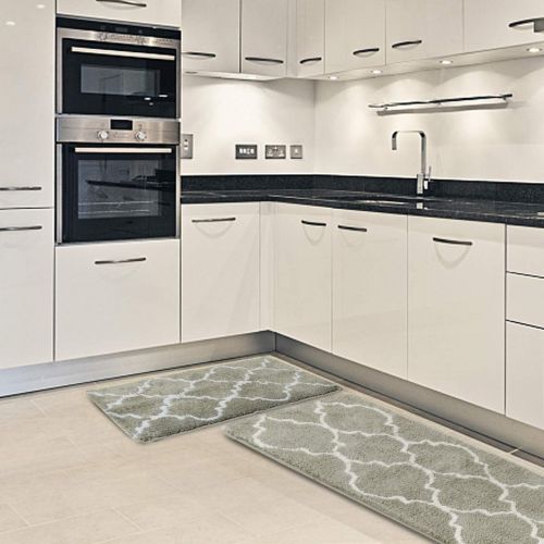  Kitchen Rug Set,LEEVAN Moroccan Shag Microfiber Non-Slip TPE Rubber Backing Soft Absorbent Comfort Area runner Mat Floor Carpet For Kitchen Bathroom Entrance Rug Machine Wash(Grey,