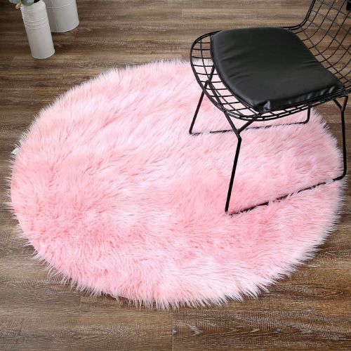  LEEVAN Super Soft Faux Fur Sheepskin Rug Shaggy Rug Round Area Rugs Floor Mat Home Decorator Carpets Kids Play Rug Black,3ft Diameter