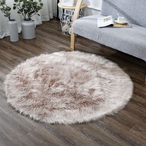  LEEVAN Super Soft Faux Fur Sheepskin Rug Shaggy Rug Round Area Rugs Floor Mat Home Decorator Carpets Kids Play Rug Black,3ft Diameter