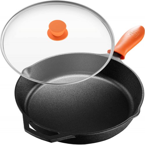  LEGEND_COOKWARE Legend Cast Iron Skillet with Lid Large 12” Frying Pan with Glass Lid & Silicone Handle for Oven, Induction, Cooking, Pizza, Sauteing & Grilling Lightly Pre-Seasoned Cookware Gets