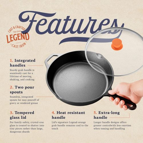  LEGEND_COOKWARE Legend Cast Iron Skillet with Lid Large 12” Frying Pan with Glass Lid & Silicone Handle for Oven, Induction, Cooking, Pizza, Sauteing & Grilling Lightly Pre-Seasoned Cookware Gets