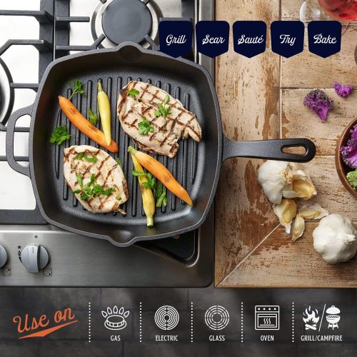  LEGEND_COOKWARE Legend Cast Iron Square Grill Pan with Lid Large 10.5” Grilling Pan with Glass Lid for Oven, Induction, Cooking, Pizza, Charring & Grilling Lightly Pre-Seasoned Cookware Gets Bette