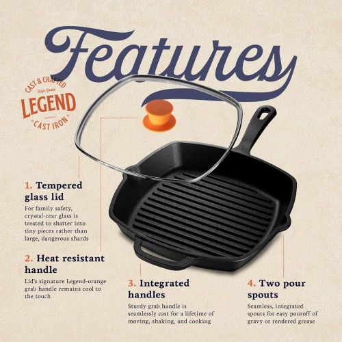  LEGEND_COOKWARE Legend Cast Iron Square Grill Pan with Lid Large 10.5” Grilling Pan with Glass Lid for Oven, Induction, Cooking, Pizza, Charring & Grilling Lightly Pre-Seasoned Cookware Gets Bette