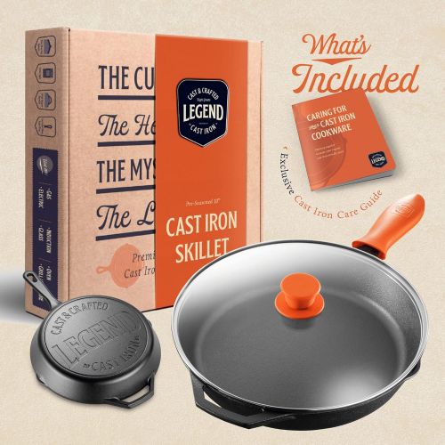  LEGEND_COOKWARE Legend Cast Iron Skillet with Lid Large 10” Frying Pan with Glass Lid & Silicone Handle for Oven, Induction, Cooking, Pizza, Sauteing & Grilling Lightly Pre-Seasoned Cookware Gets