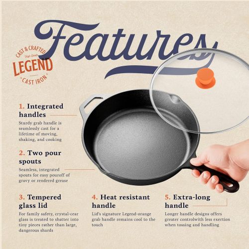  LEGEND_COOKWARE Legend Cast Iron Skillet with Lid Large 10” Frying Pan with Glass Lid & Silicone Handle for Oven, Induction, Cooking, Pizza, Sauteing & Grilling Lightly Pre-Seasoned Cookware Gets