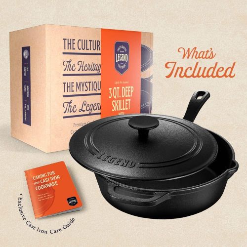  LEGEND_COOKWARE Legend Cast Iron Deep Skillet with Lid Medium 3qt Saute Pan with Cast Iron Lid for Oven, Induction, Cooking, Charring, Braising & Grilling Lightly Pre-Seasoned Cookware Gets Better