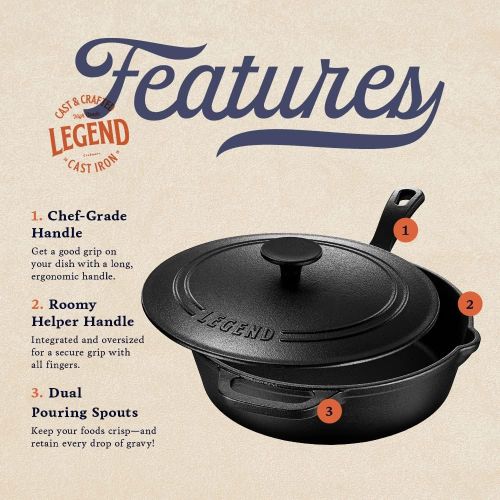  LEGEND_COOKWARE Legend Cast Iron Deep Skillet with Lid Medium 3qt Saute Pan with Cast Iron Lid for Oven, Induction, Cooking, Charring, Braising & Grilling Lightly Pre-Seasoned Cookware Gets Better