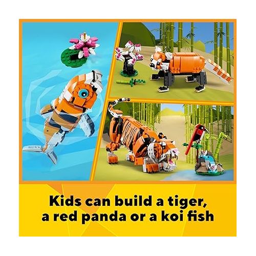  LEGO Creator 3 in 1 Majestic Tiger Building Set, Transforms from Tiger to Panda or Koi Fish Set, Animal Figures, Collectible Building Toy, Gifts for Kids, Boys & Girls 9 Plus Years Old, 31129