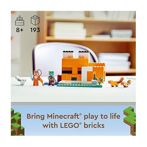  LEGO Minecraft The Fox Lodge House 21178 Animal Toys with Drowned Zombie Figure, Birthday Gift for Grandchildren, Kids, Boys and Girls Ages 8 and Up